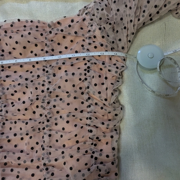 🟡 7. Cotton Linen Blend Soft Pink Polka Dot  Crop Top Sheer Sleeves - Picture 7 of 9